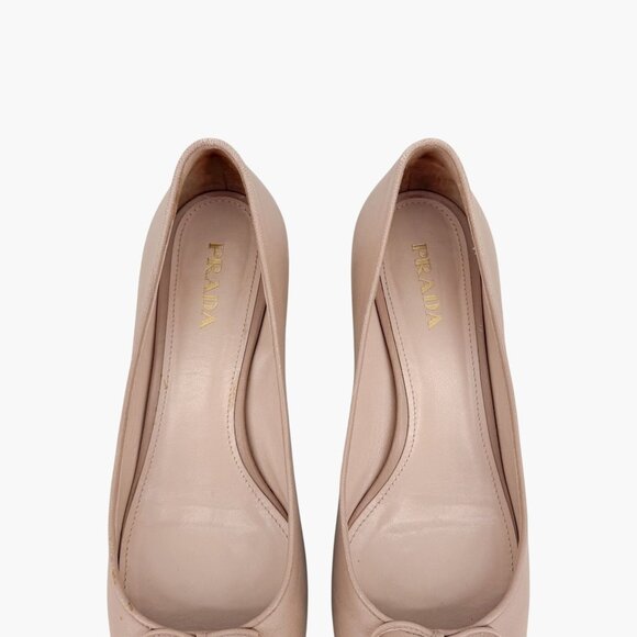 Prada Cap Toe Logo Ballet Pumps Heels Beige Leather Size 40 US 10 Block Heel